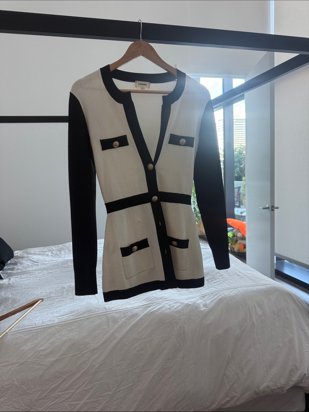 L'AGENCE Cream Cardigan with Black Contrast Trim